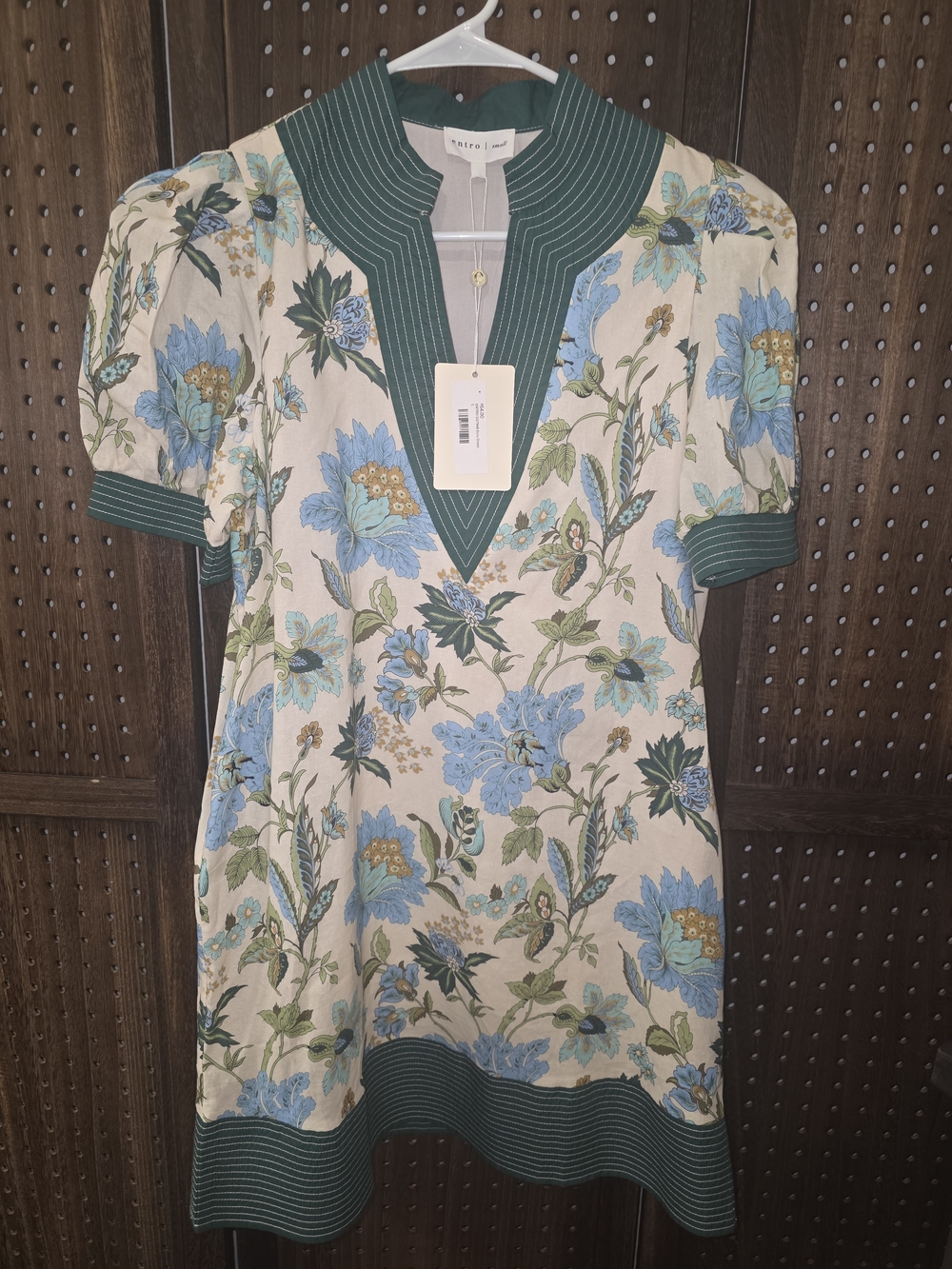 Blue Floral Short Sleeve Dress- Green Trim